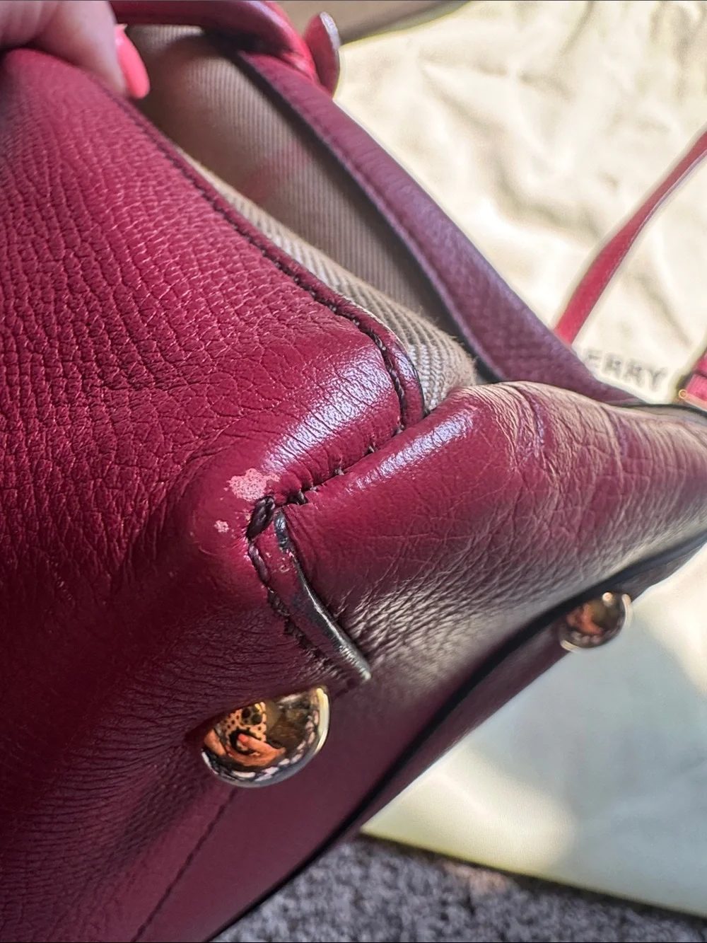 Burberry Burgundy Leather Satchel with Gold Hardware